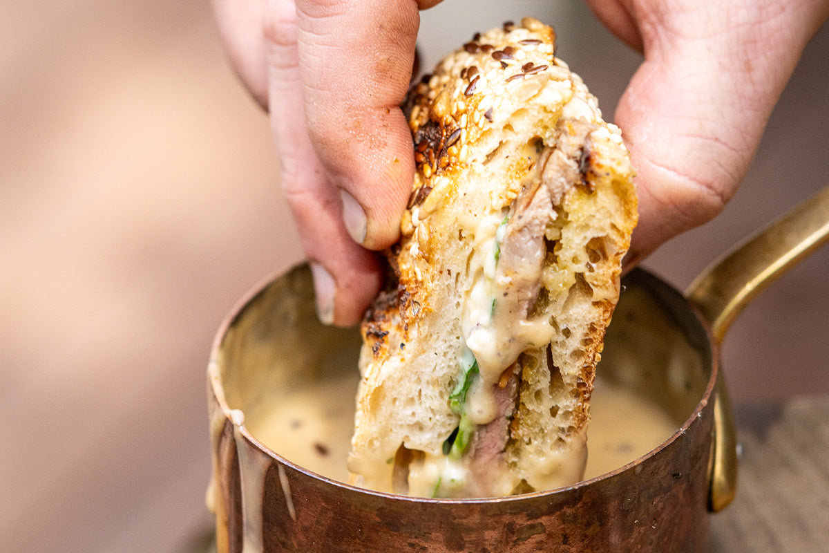 English Dip – Steak Sandwich with Street BBQ Brazilian, Horseradish & Peppercorn Sauce