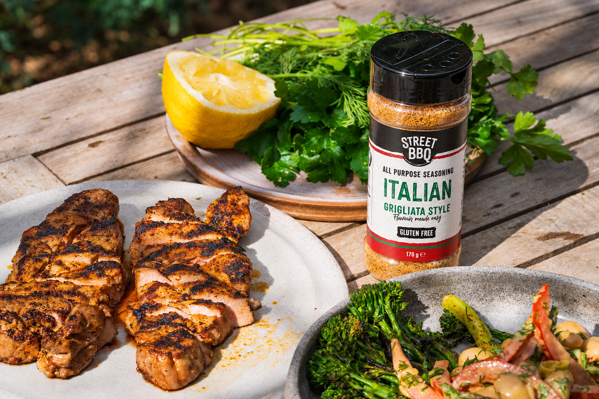 Pork Scotch fillet, spring onion & white bean salad with Street BBQ Italian