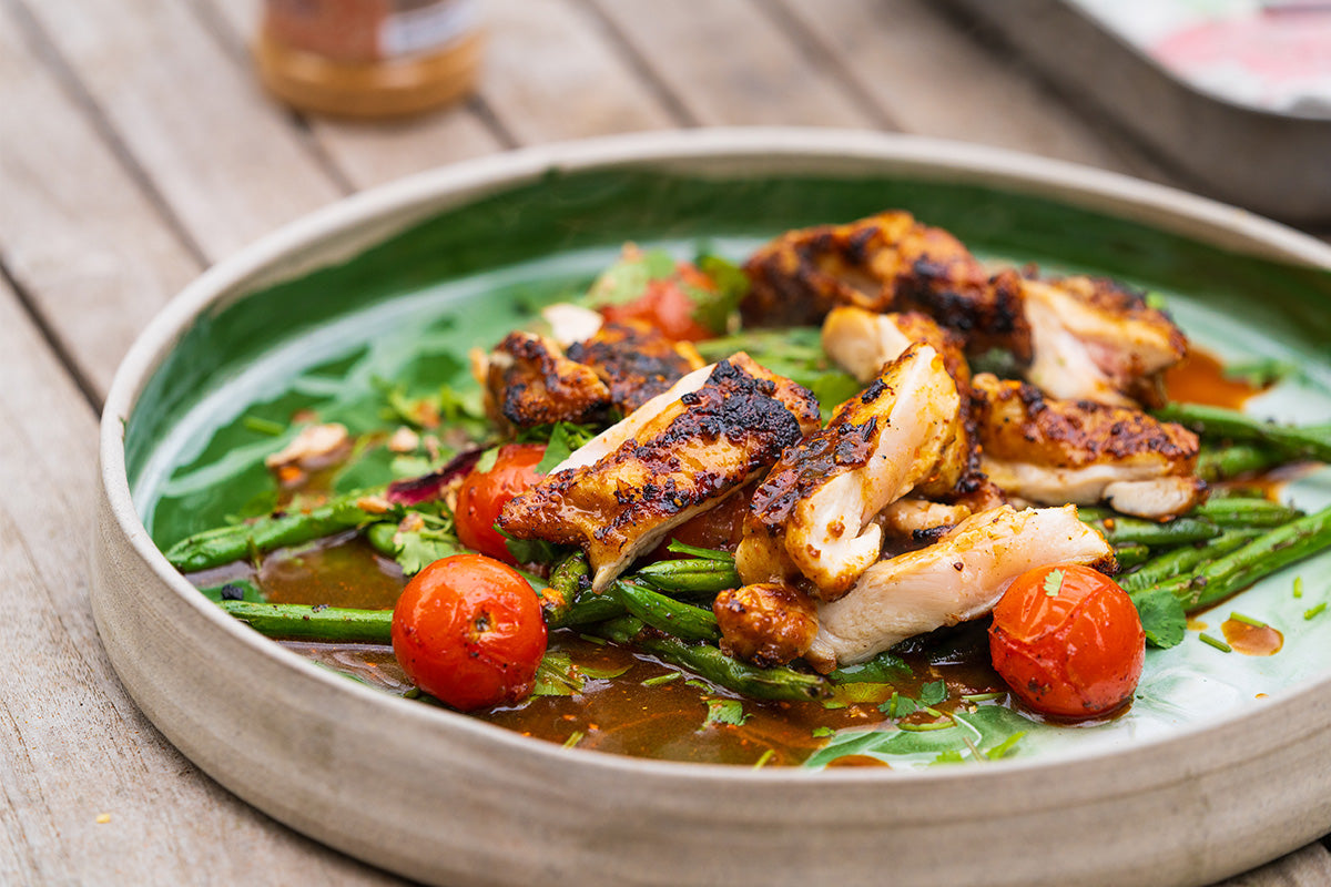 Street BBQ Balinese Grilled Chicken Thighs and Green Bean & Crispy Shallot Salad
